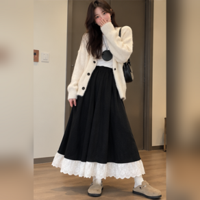 vosim 여성 봄가을 레이스 배색 언발란스 니트 롱스커트 A라인 데일리룩