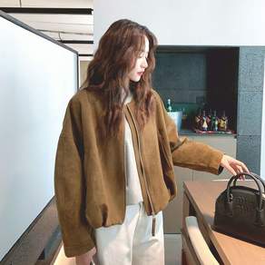 Verveallse 봄가을 여성 스웨이드 자켓 숏기장 노카라 집업 캐주얼 아우터 Z20813