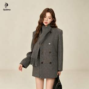Quatma 코트 겨울용 목도리 칼라 더블 버튼 중간 길이 모직 여성 코트 여성 겨울 자켓