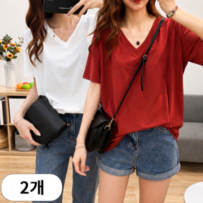 오스틱니 (완전 편한) 150kg까지 빅사이즈 1+1 여성 브이넥 솔리드 일자 티셔츠 반팔 여름 원단좋은 루즈핏 오버핏 날씬해보이는 심플 데일리 패션 기본티 미디티 면 박스티 티
