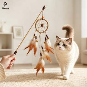 Quatma 고양이 드림캐쳐 방울 깃털 우드 낚시대 사냥놀이 장난감