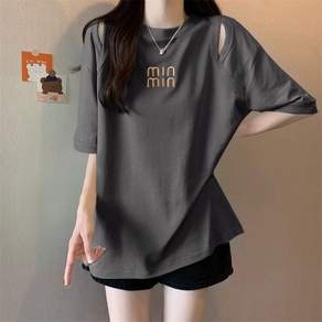 lofei 여성 여름 루즈핏 레터링 롱 반팔 티셔츠 TX40