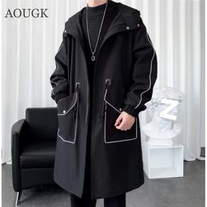 AOUGK 남성 봄가을 루즈핏 솔리드 트렌치 롱 터틀넥 집업 빅사이즈 아우터 캐주얼 구김 없는 코트