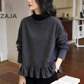 ZAJA 가을 여성 터틀넥 레이어드 맨투맨 루즈핏 러플 블라우스 데일리