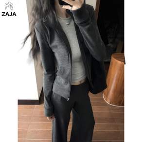 ZAJA 여성 가을 골지 집업 상하세트 슬림핏 와이드팬츠 데일리 셋업