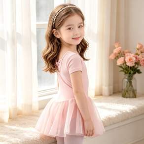 분홍색 베이직 셔폰 발레스커트 소녀용 반팔 발레복 등뒤 리본
