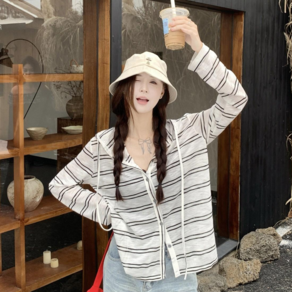 JLVJ 여성 간절기 스트라이프 후드집업 가디건 오버핏 루즈핏 캐주얼 아우터