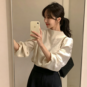 AURALA 여성 하프넥 퍼프소매 루즈핏 긴팔 블라우스 예쁜 고급감 오피스룩 셔츠