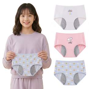 르브니 주니어 순면 안감 3중 샘방지 위생팬티 초등 여아 안심 초경 생리팬티 3장