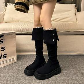 ZAJA 여성 봄가을 통굽 롱부츠 6cm 버클 스웨이드 폴딩 부츠