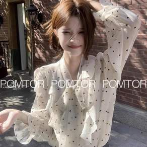 POMTOR 여성 봄가을 리본 도트 블라우스 예쁜 래턴 소매 긴팔 티셔츠