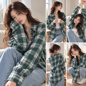이로 5컬러 여자 체크 오버핏 긴팔셔츠 체크 롱 퍼프 코튼 남방 셔링 오피스룩 루즈핏 스트라이프