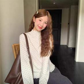 TKX 여성 도트 반목 긴팔 티셔츠 프릴 소매 슬림핏 데일리 가을 겨울 이너티