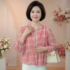 아키무 중년 여성 셔츠 자외선 차단 체크 긴팔 셔츠 루즈핏 개주얼 시스루 남방 아우터 데일리 자겟 빅사이즈