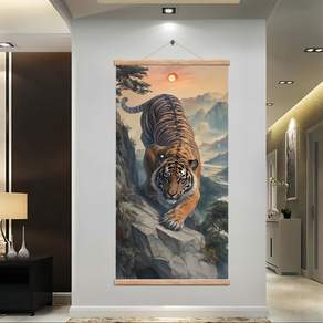 호랑이 산하강 동양화 두루마리 그림 거실 인테리어 원목 액자 길상 장식 벽걸이 전통 회화