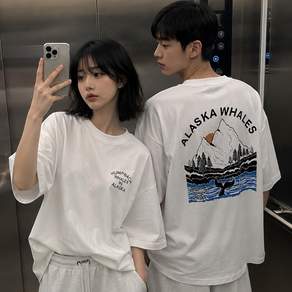 굿데이즈 남녀공용 빅사이즈 루즈핏 웨일테일 나염 반팔티 티셔츠