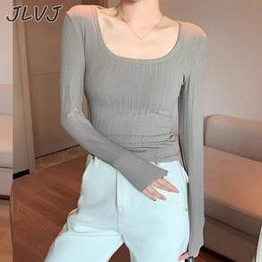 JLVJ 여자 봄가을 슬림핏 이너 긴팔티 라운드넥 스판 레이어드 긴팔티 여성 티셔츠