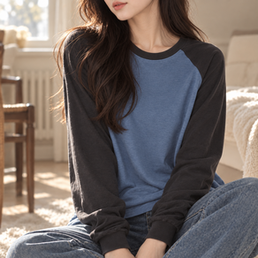 국내산. 남녀공용 배색 래글런 오버핏 라운드넥 긴팔 티셔츠 간절기 데일리 (free) 스튜디오 칸
