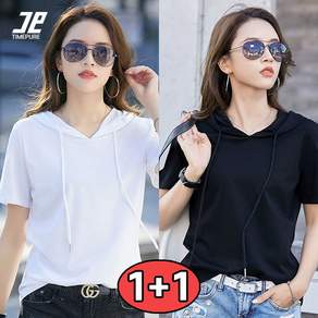 Timepure 1+1 여성 무지 후드 반팔 티셔츠 캐주얼 여름 패션 데일리룩 맨투맨 스트링 블랙+화이트 세트 빅사이즈 레이어드 티