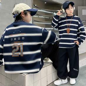 비비키드 남아 겨울 기모 스트라이프 레터링 상하복 주니어 상의 하의 세트 초중생 줄무늬 긴팔티 초등생 긴바지 상하세트 (2611)