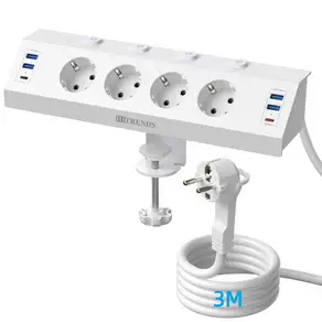 Eu 데스크탑 클램핑 장치 풀링 플러그가 있는 다중 플러그 전원 스트립 USB-A 포트 4개 및 USB-C 2개 단일 제어 스위치 2m 케이블