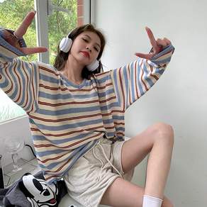 TKX 여성 봄가을 긴팔 티셔츠 브이넥 스트라이프 캐주얼 데일리 니트티