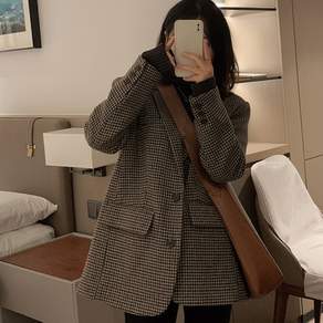 vosim 여성 봄가을 잔체크 싱글 블레이저 자켓 테일러드카라 루즈핏 데일리 아우터