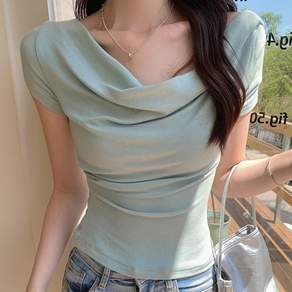 cammello 드레이프 넥 여리핏 골지 반팔 크롭티 쫀쫀 크롭 반팔티