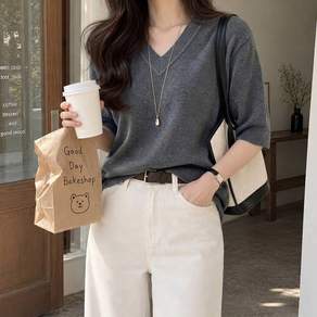 데일리앤 에센 여성 가을 간절기 브이넥 5부 반팔 니트 소프트 여리핏 이너 기본 무지 티 11color