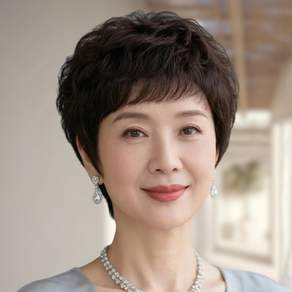 수제 인모100 중년 여성 가발 펌 전체가발 자연스러운 볼륨 여성 통가발