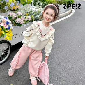 ZPEIZ 여아 봄 가을 긴팔 여아상하복 꽃 프릴 세트 캐주얼 맨투맨 바지 상하복 세트