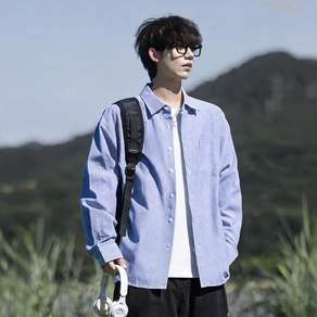ANYOU 남성 루즈핏 긴팔 스트라이프 셔츠 데일리 편한핏 베이직 코튼 아우터