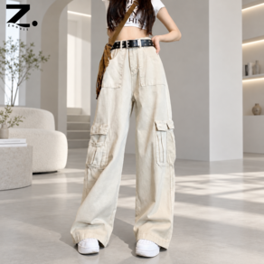 Zoovit 여성 멀티포켓 카고팬츠 빈티지한 여유로운 롱기장 데님팬츠 아메카지
