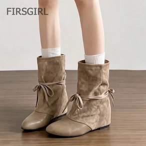 FIRSGIRL 여성 스웨이드 미들부츠 리본 스트랩 슬림 앞코 겨울 데일리