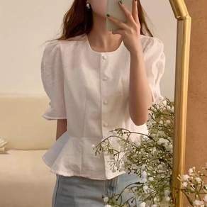 부엉구구 OW0226A 여성 여름 라운드넥 벌룬 반팔 셔츠 블라우스