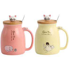 투데이리빙 2개 세트 고양이 뚜껑 머그컵 500ml + 스푼 포함 예쁜 머그잔 커피잔 집들이 선물 귀여운 컵세트 가벼운 도자기 고급 머그 물컵