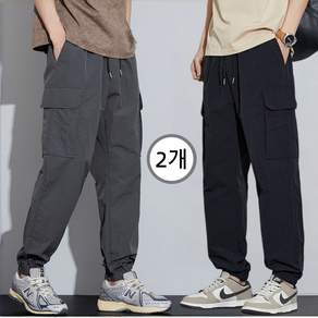 1+1 남자 작업복바지 스트레이트 와이드 레그 멀티 포켓 데일리 여름용 캐주얼 팬츠