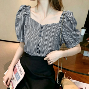 루스리더 여성 스트라이프 오피스룩 네모넥 루즈핏 블라우스 M962