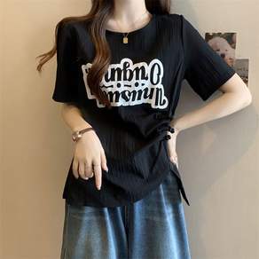 VVRR 여성 슬림핏 프린팅 언발 반팔 티셔츠 스트링 포인트 A0040306
