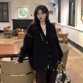 vosim 여성 가을 브이넥 니트 가디건 스티치 배색 버튼 오버핏 긴팔 데일리 캐주얼 아우터