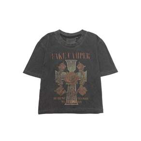 FAKE CAMPER 우먼스 플라워 그래픽 피그먼트 크롭 반팔티셔츠 CHACOAL