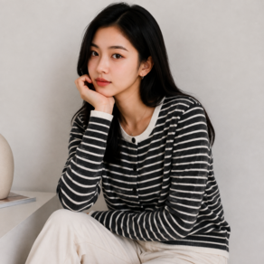 가치스토어 여성 스트라이프 라운드넥 니트 가디건 긴팔 데일리 기본 가디건