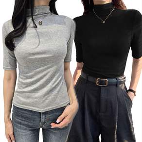 밀크린 여성 부드러운 반팔 반목티 목폴라티 2종 세트 폴라티 5부 티셔츠