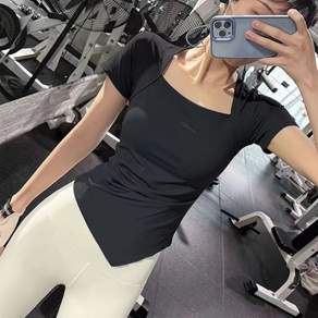 해피유통 여성 운동복 여름 짧은 소매 스퀘어넥 슬림핏 스트레치 티셔츠b