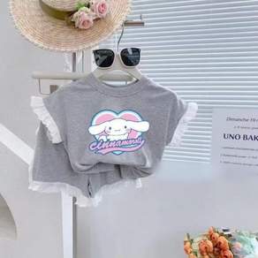 LPP 산리오 여아 여름 순면 반팔티셔츠 와이드팬츠 서양식 달콤 캐주얼 레이스 투피스