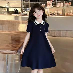 아동 여아 여름 원피스 반팔 카라 네이비 데일리 원피스