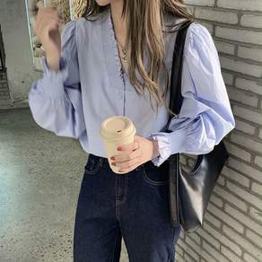 JLVJ 여성 브이넥 벌룬슬리브 블라우스 봄가을 루즈핏 긴팔 상의