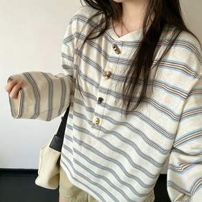 COSYEVNO 여성 긴팔티셔츠 스트라이프 단추 상의 TZKtxs-1