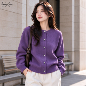 CemvnKeim 여성 라운드넥 니트 가디건 베이직 가을 겨울 스웨터 가디건 아우터