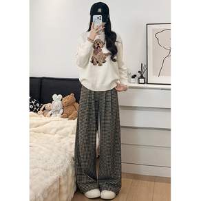 shining points 여성 체크 캐주얼 와이드팬츠 루즈핏 바지